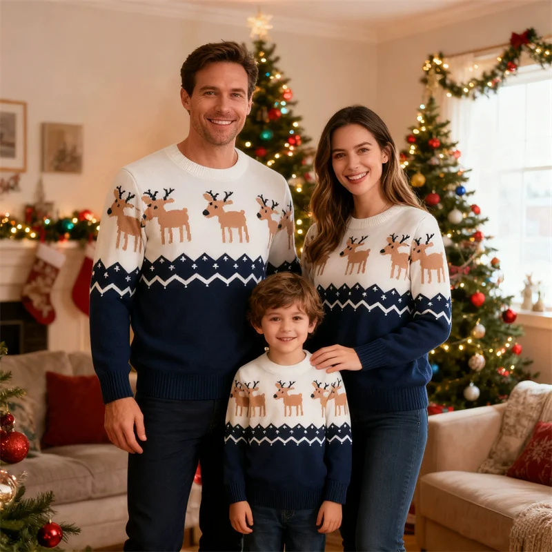 New Family Matching Outfits Autumn Mom Daughter Cartoon Sweaters Winter Dad Son Long-Sleeve Warm Pullover Kids Xms Knitwear