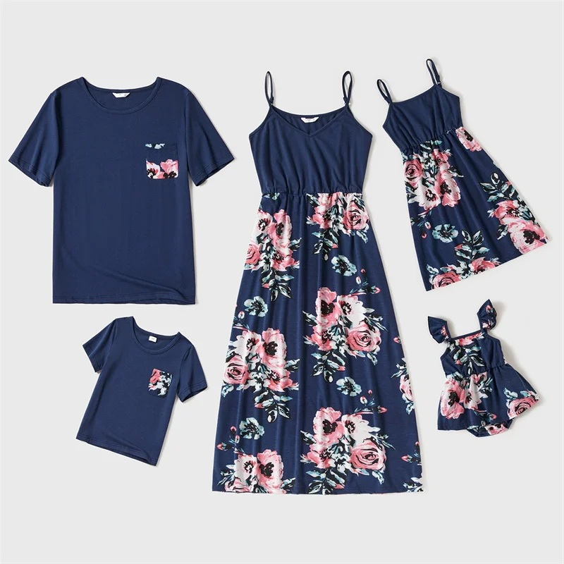 Family Matching Suits Father Son Casual T-Shirt  Mother Daughter Print Dress Boys Summer Holiday Tops New Kids Prints Clothes