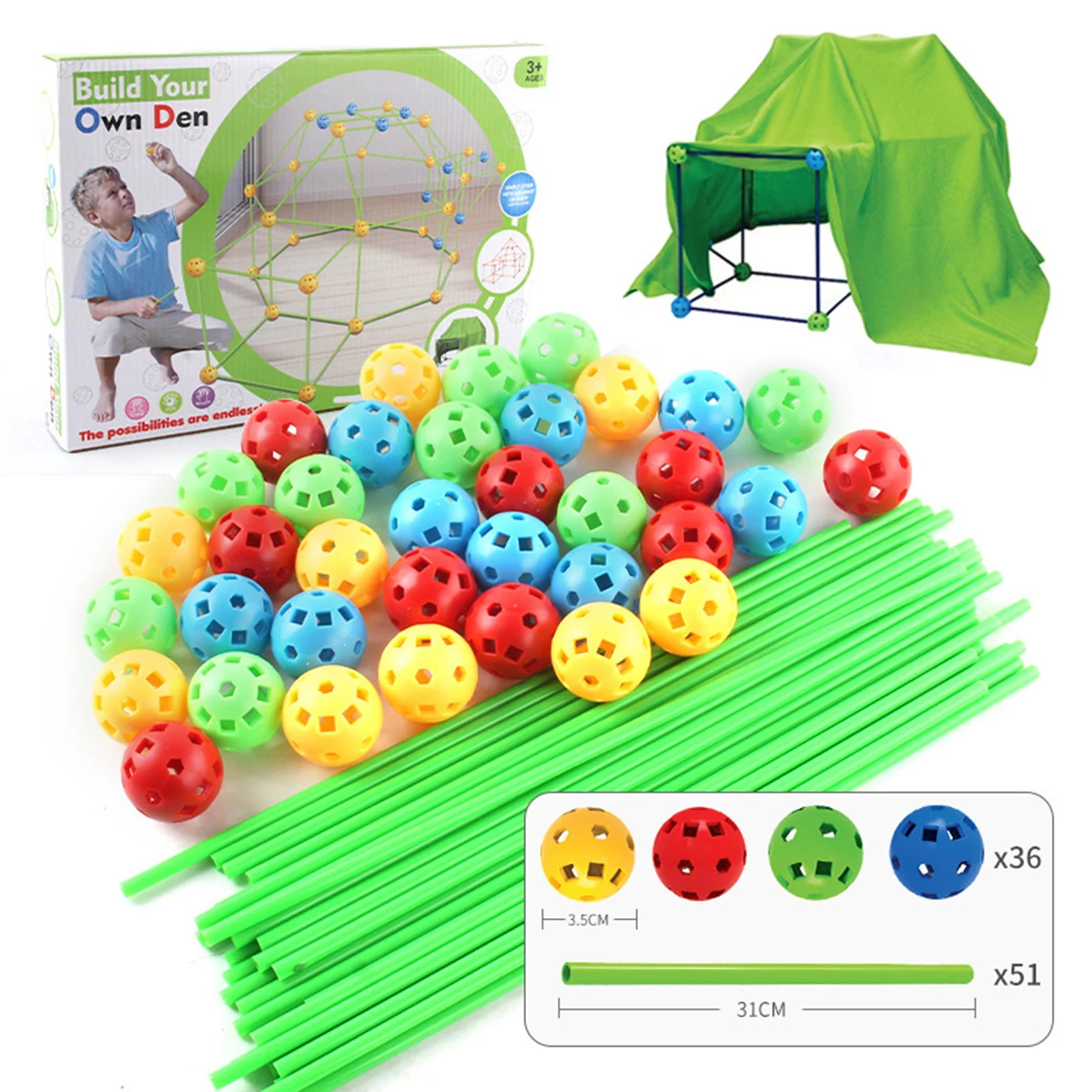 87pcs 51 Rods+36 Balls Tent Toy Building Kit, Fort Builder, Den Making Kit, Gift For Christmas, New Year And Birthday