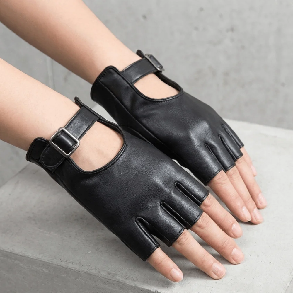 Hip Hop Solid Color PU Leather Gloves Punk Hollow Fingerless Mittens Anti-Slip Gothic Half Finger Gloves Motorcycle Riding