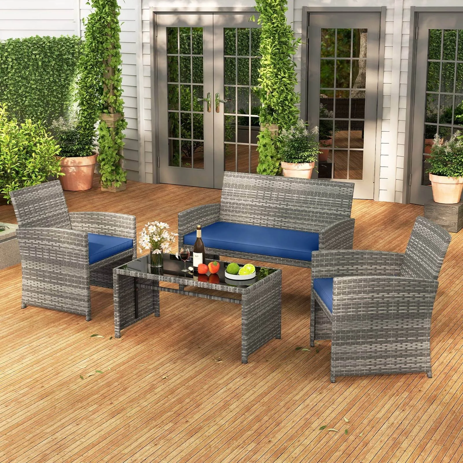 4 PCS Patio Furniture Set w/Tempered Glass Coffee Table Loveseat 2 Single Sofas