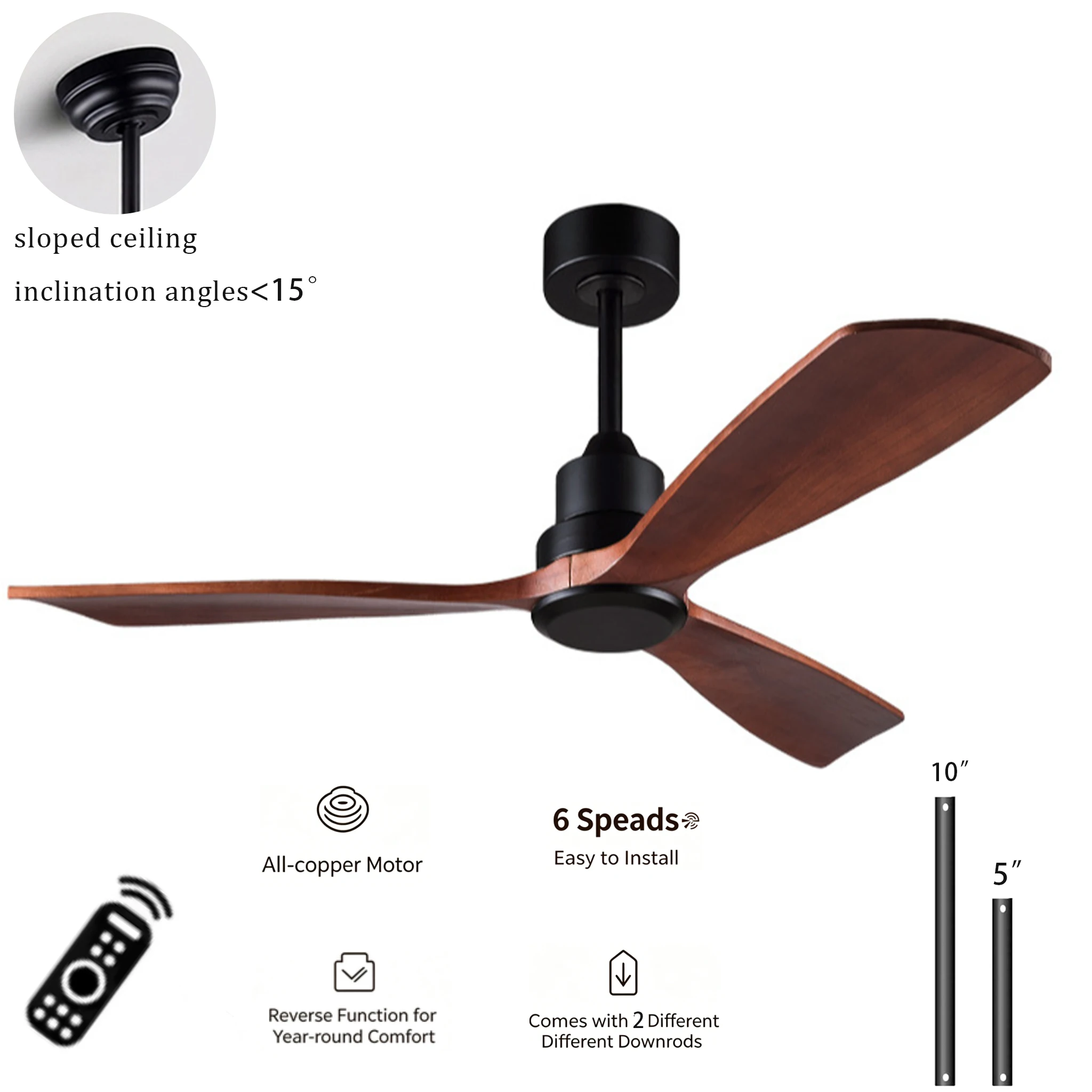 52 Inch Natural Wood Ceiling Fan Mute Six Speed DC Motor Electric Fan Decorative Home Fans for Living Rooms
