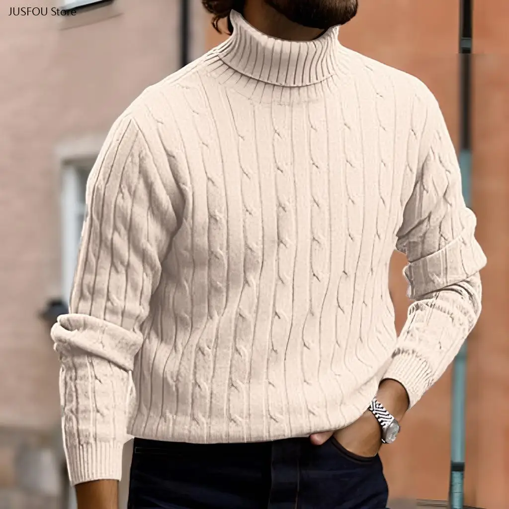 Men Autumn Winter Retro Twisted Knit Turtleneck Sweater European American Casual Warm Knit Undershirt Soft Knitted Pullover