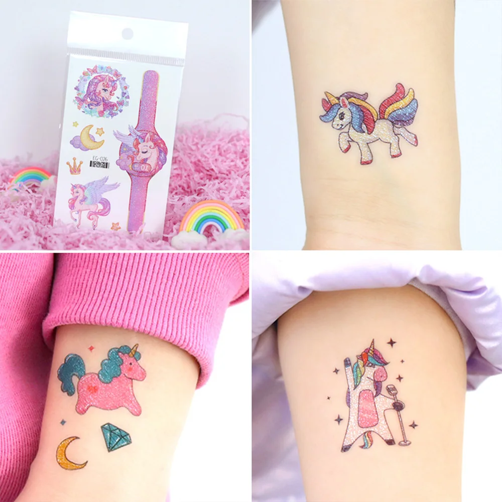 12 Blatt glitzernde rosa Einhorn-temporäre Tattoos, glitzernde Stile, wasserfest, glänzendes Regenbogen-Einhorn, Geburtstagsparty-Zubehör – Detail 6