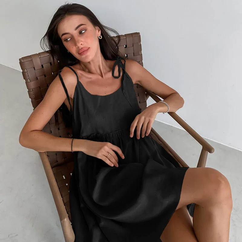 Damskie sukienki mini na ramiączkach spaghetti, sznurowane, w jednolitym kolorze, bez rękawów, luźne, w kształcie litery A, letnie sukienki damskie w stylu boho na wakacje i plażę.