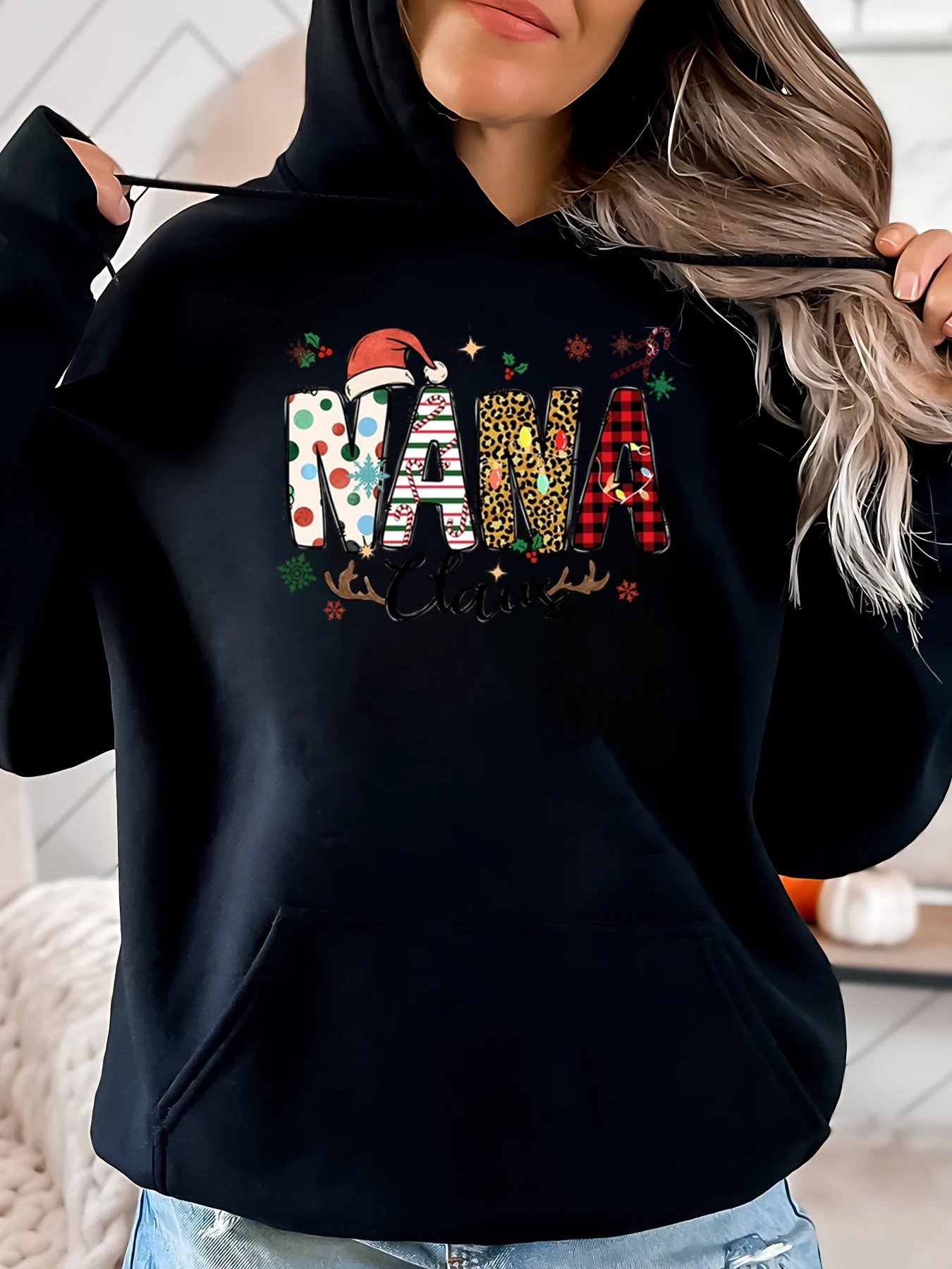 

Толстовка с рождественским принтом Nana, женская праздничная одинаковая толстовка для всей семьи, черная, больших размеров