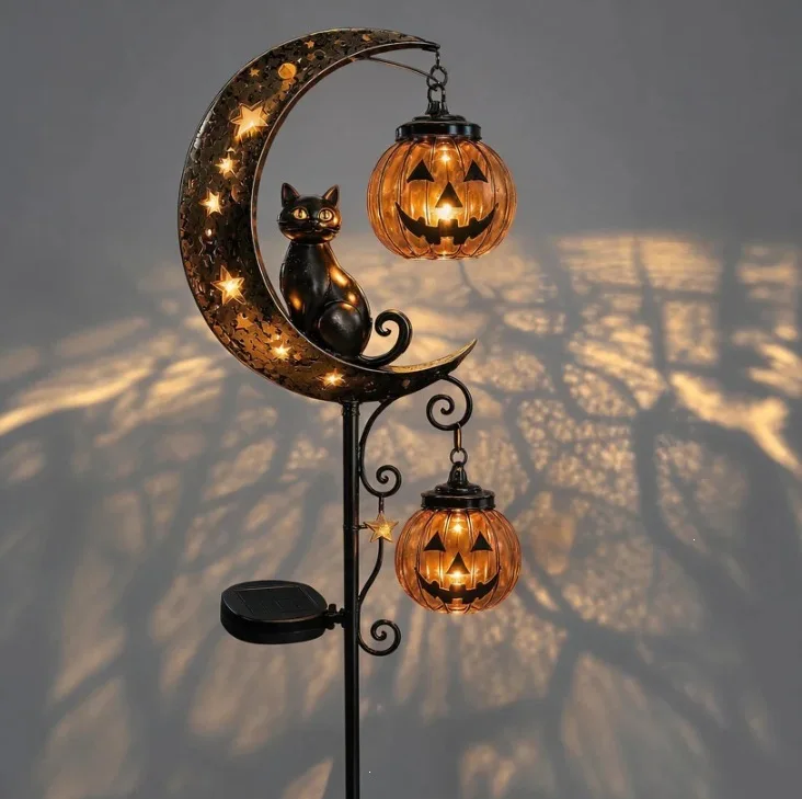 Solar Halloween Pumpkin Moon Light Garden Lawn Light Waterproof Metal LED Yard Decoration for Pathway Patio Lawn Walkway Decor