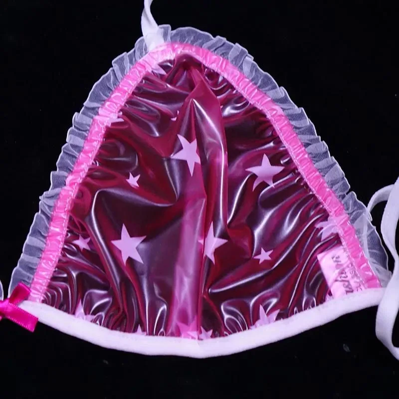 Сексуальное кружевное бикини с низкой талией, прозрачные пластиковые трусы из ПВХ, бюстгальтер, мягкие гладкие трусики ABDL, водонепроницаемое эротическое нижнее белье для пар