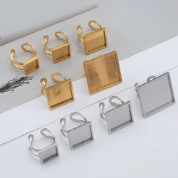 4pcs Punk Square Ring Blank Tray Stainless Steel Adjustable Open Finger Ring Base 10-25mm Cabochon Bezel DIY Men Jewelry Making