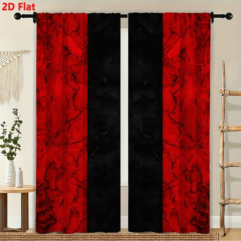 2Pcs Curtain Red Black Cracked Texture Pattern Window Drapes for Bedroom Living Room Decoration Window Treatment.