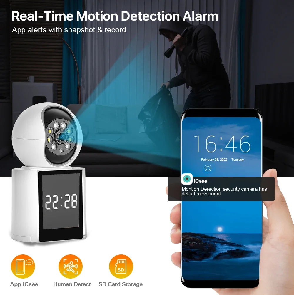 WONSDAR PT Wifi Camera 2.8 inch Screen Wireless Two Way Audio IP Camera AI Human Detection Video Calling Surveillance iCSee