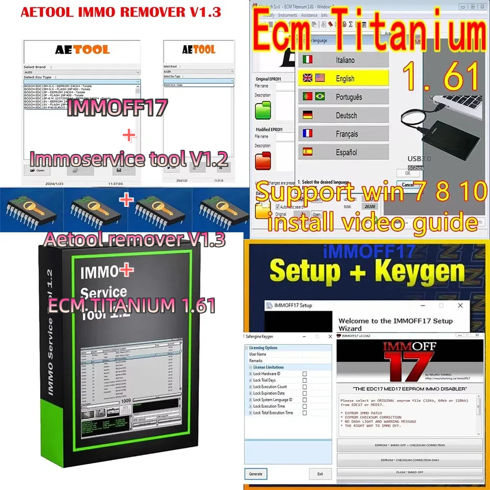 

ECM TITANIUM 1. 61+ IMMOFF17 + IMMO SERVICE TOOL V1.2 + AETOOL REMOVER V1.3 AETOO con keygen Immo Off Ecu programa software he