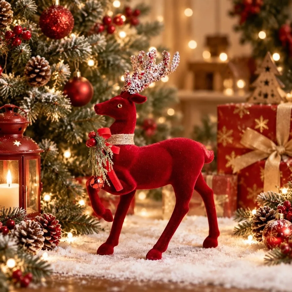 Flocking Texture Christmas Elk Figurine Shiny Antlers Exquisite Xmas Reindeer Statue Durable Scarlet Shade Glitter Bowknot Deer