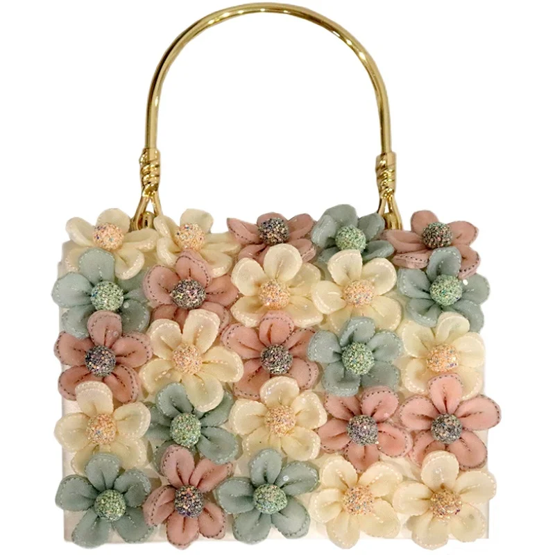 Sequin Applique Colored Flowers Fairy Bag Women Fashion Shoulder Bag Gold Metal Handle PU Leather Luxury Handbag Chain Strap