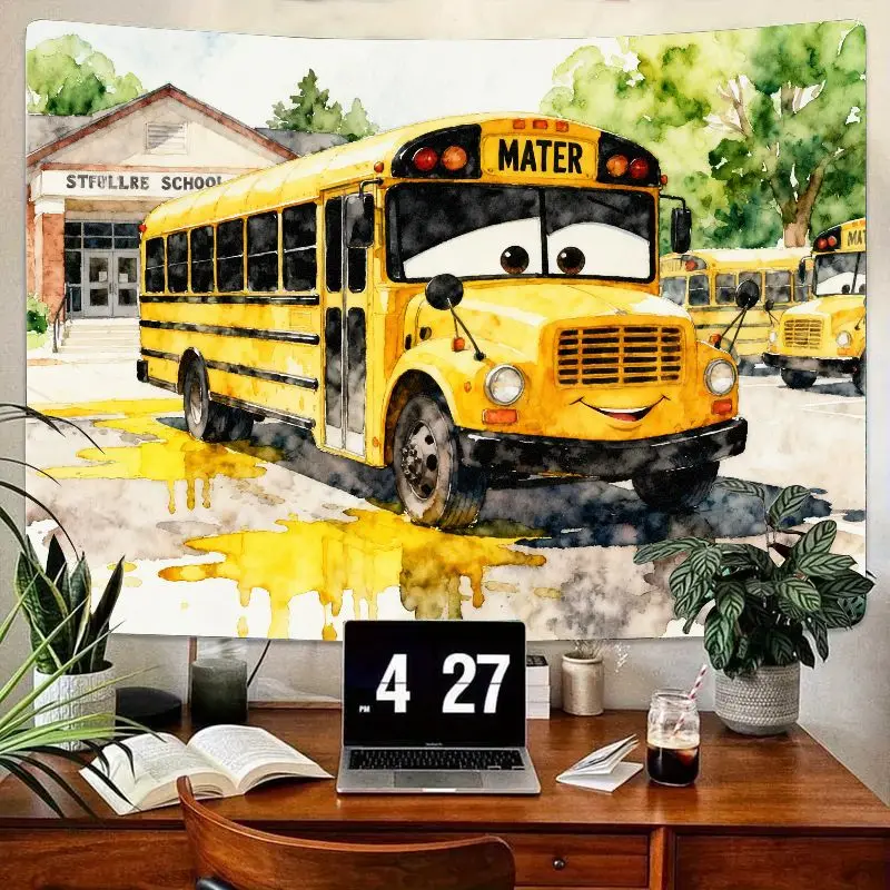 

1 шт. милый желтый гобелен для школьного автобуса, современные полиэстеровые акварельные настенные рисунки для детской комнаты, спальни, классной комнаты, обратно в школу