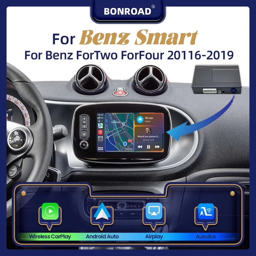 Modulo Interfaccia Wireless CarPlay Android Auto BONROAD per Mercedes Benz Smart 453 Fortwo ForFour 2016 2017 2018 2019 con Adattatore Mirror Link Bluetooth