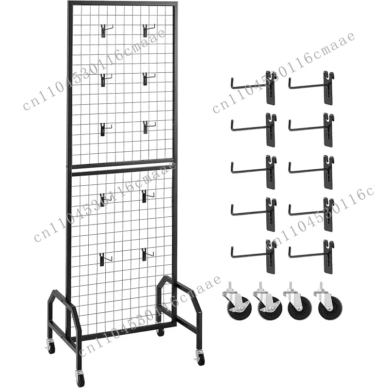 Heavy Duty Mobile Display Stand Grid Wall Panels with Fixed Wheels and 10 Hooks