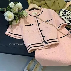 Women Vintage Chic Fragrant Pink Suit Shirt Top And Skirt Two Piece Set Matching Outfit 2023 New Summer Formal Occasion Cloth