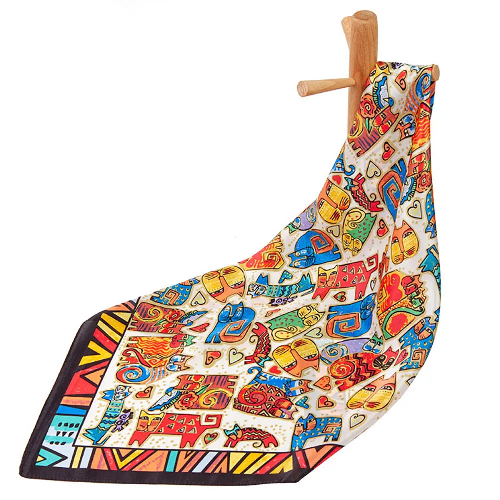 Pure Silk Scarf Women Bandana Female Hair Scarf Cat Handkerchief Wholesale Natural Silk Animal Multisize Neckerchief Lady Gift