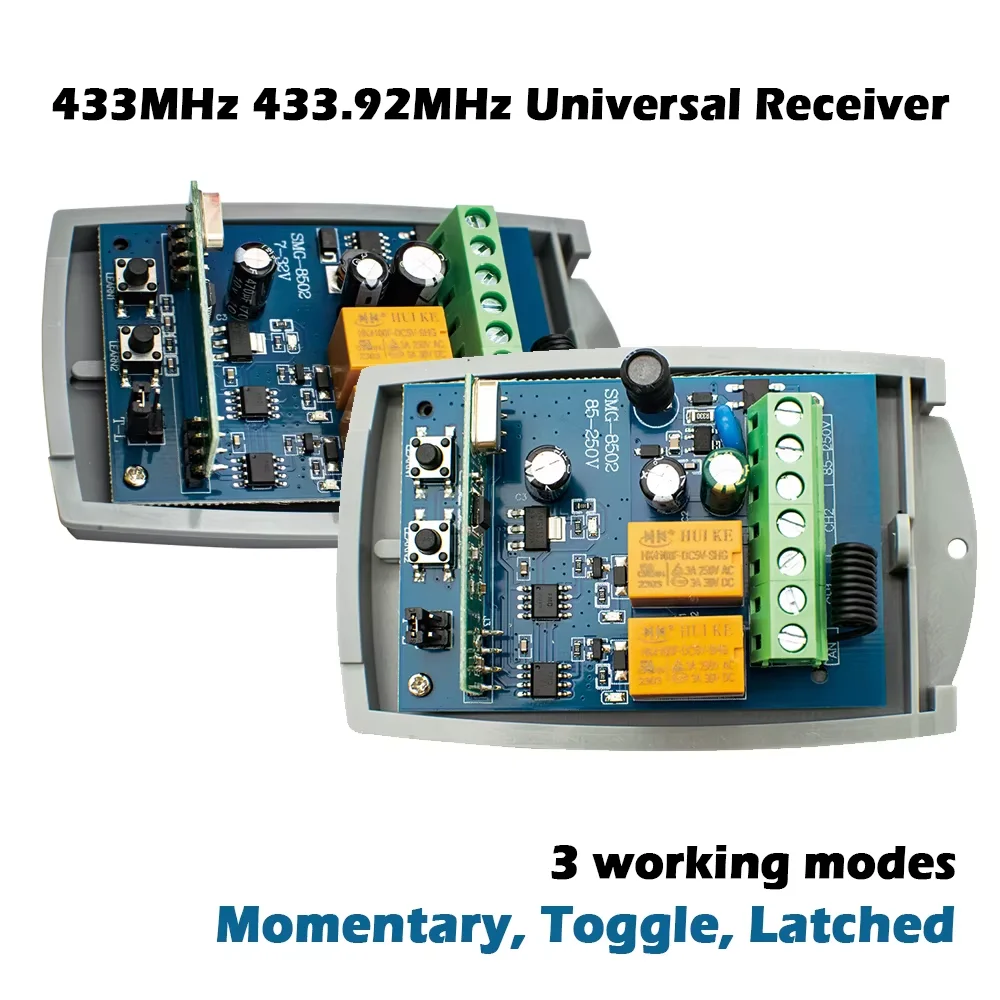 Universal 433.92MHz RF Receiver 2CH Garage Gate Door Opener Controller Support Fixed Rolling Code Momentary Toggle Relay Switch