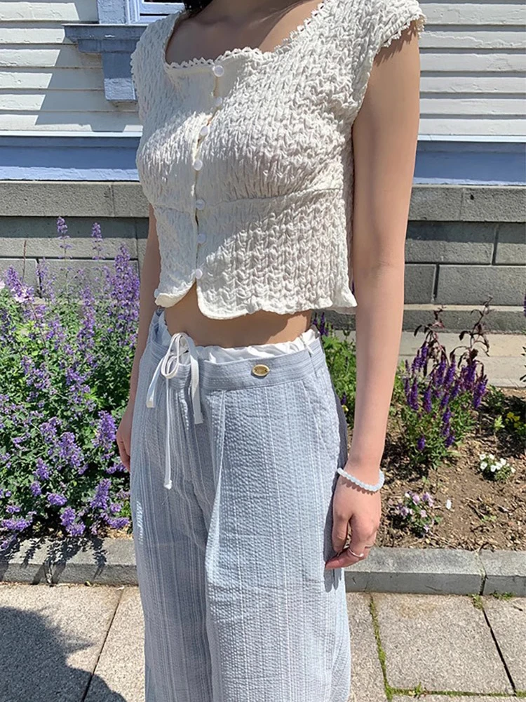 Pantaloni casual a gamba larga a vita alta da donna Primavera New Sle Retro Color Blo Design Pantaloni lunghi dimagranti Pantaloni casual