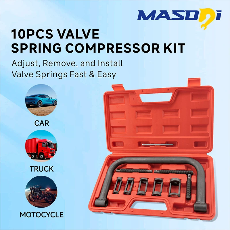 

Masdsi 10-компонентный набор инструментов с пружинным зажимом с C-зажимом, адаптерами цангового толкателя, удлинителями и рычагом для автомобиля, мотоцикла, квадроцикла