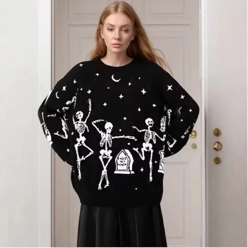 

Women's Oversized Sweater Pullovers Loose Skeleton Knitwear for Halloween Party Cozy Jacquard Knitted Sweater
