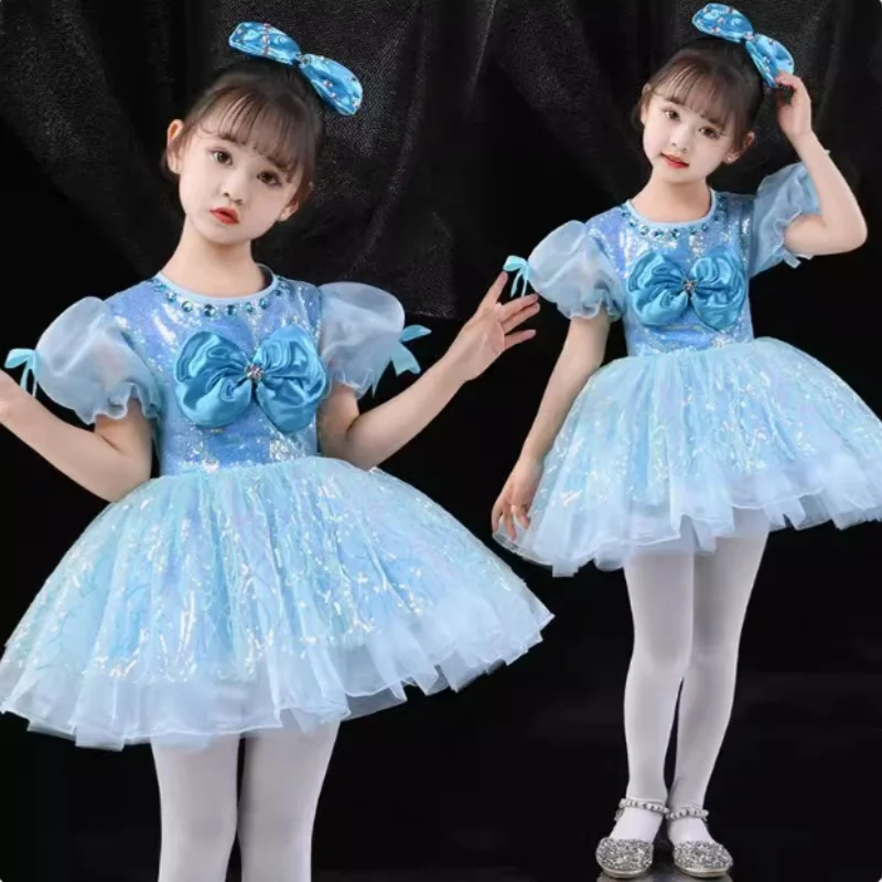 

girls Children Sequins Mesh pink dance costume Kids Stage Performance Costumes Fairy sky blue dance dress Dresses