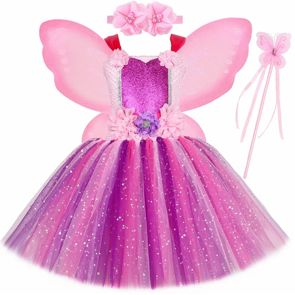 

Sparkly Girls Fairy Tutu Dress Costume with Wings Pink Purple Tulle Flower Fairy Princess Dress Birthday Party Ball Gown