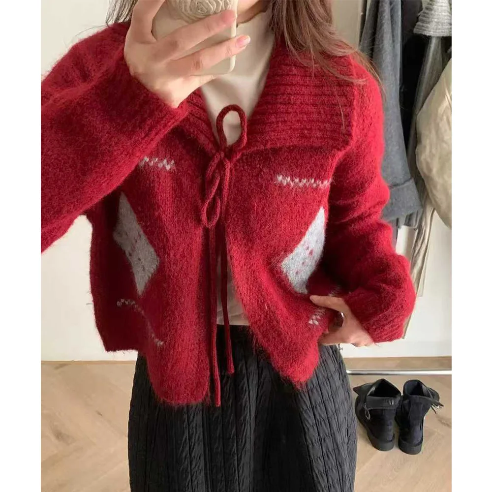 

Lace-up Diamond Lapel Knitted Cardigan Women's Autumn and Winter New Lazy Wind Thickened Sweater Jacket