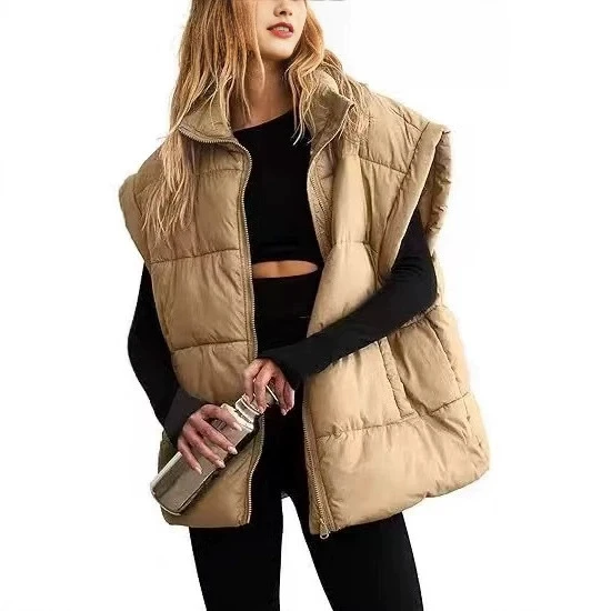 2025 nouveau femmes couleur unie fermeture éclair poche coton gilet mode col montant sans manches gilet veste femmes automne hiver gilet