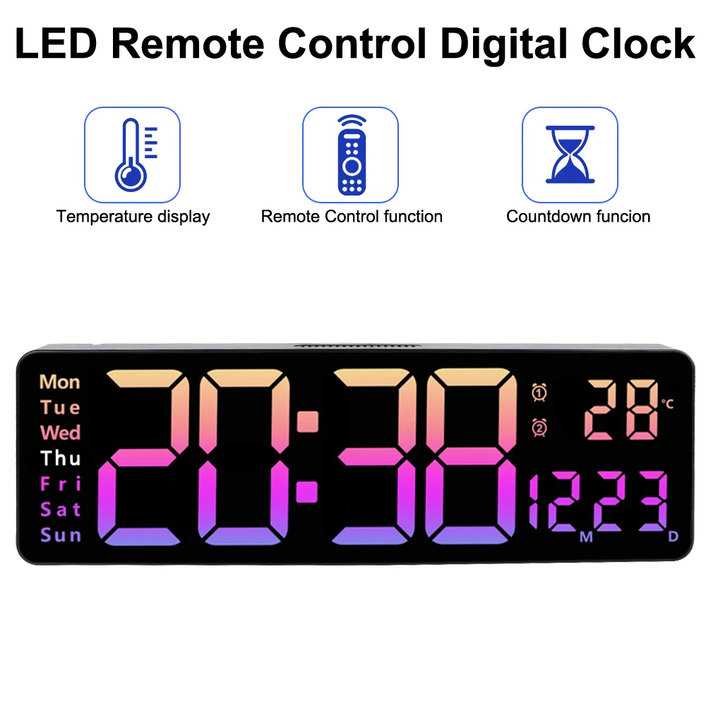 Large Digital Wall Clock Dual Alarms LED Clocks Power Off Memory Remote Control Table Clock Temp Date Week Display Wall-mounted