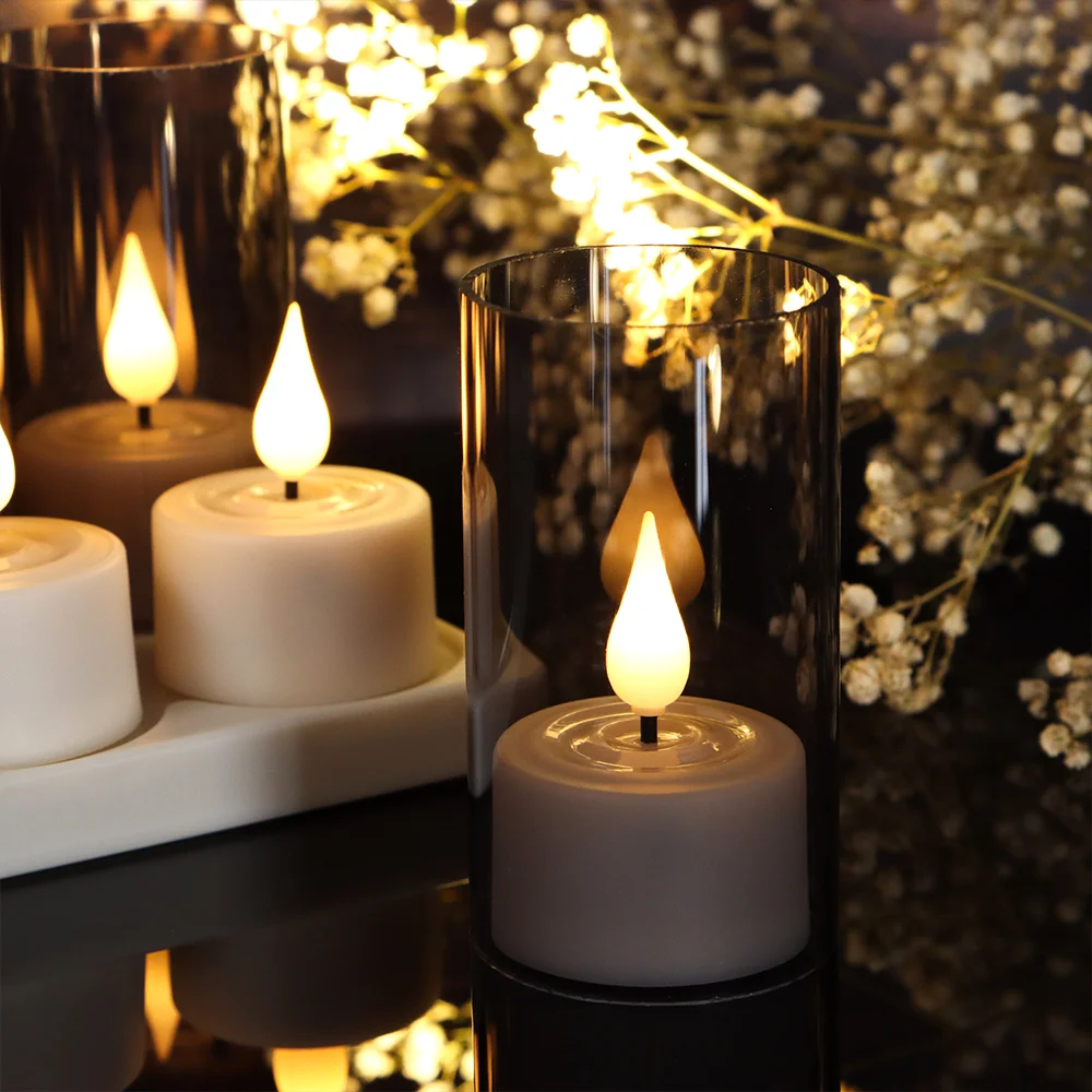 Luz LED tipo vela, velas sin llama recargables, temporizador, luces de té remotas con tazas negras para decoración del hogar y boda, lámpara de Navidad