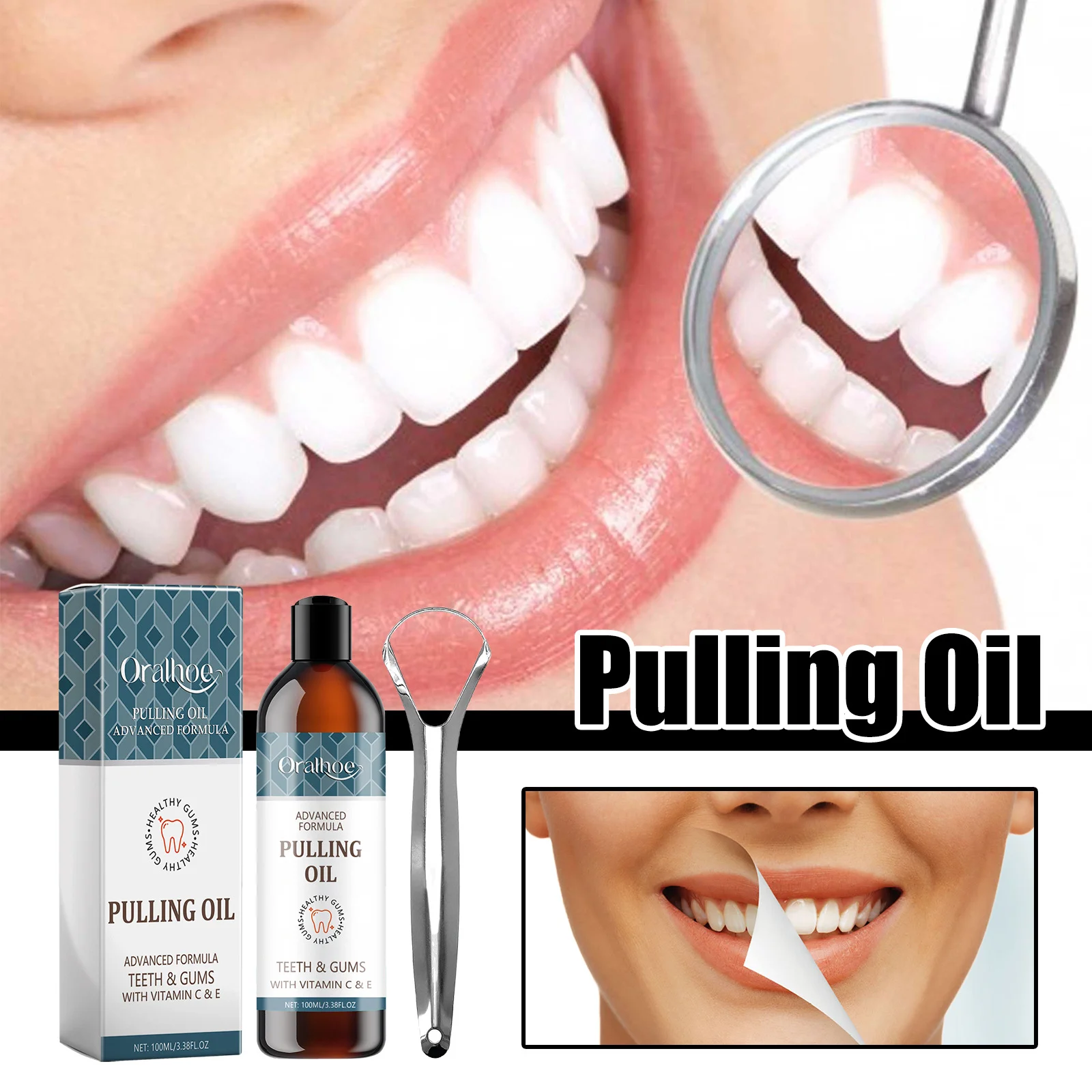 Coconut Mint Pulling Oil Mouthwash Clean Fresh Oral Breath Odor Removal Tongue Scraper Set Alcohol-Free Whiten Tool Mouth Care