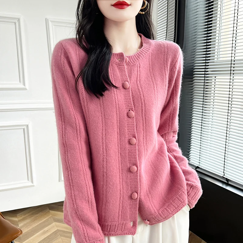 Spring Autumn New Women\'s Clothing 100% Pure Wool Round Neck Knitted Cardigan Fashion Loose Tops Korean Coat Shirt Long Sleeve