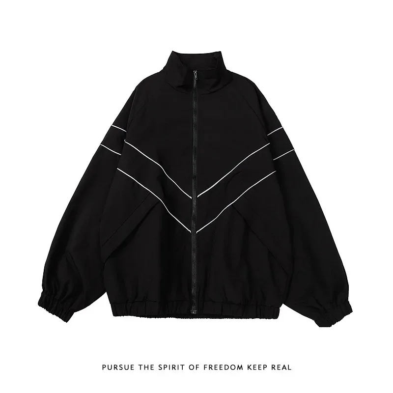 Men\'s Spring and Autumn New Retro Simple Stand-up Collar Zipper Charge Jacket, Solid Color Loose Casual Sport Zipper Jacket Top