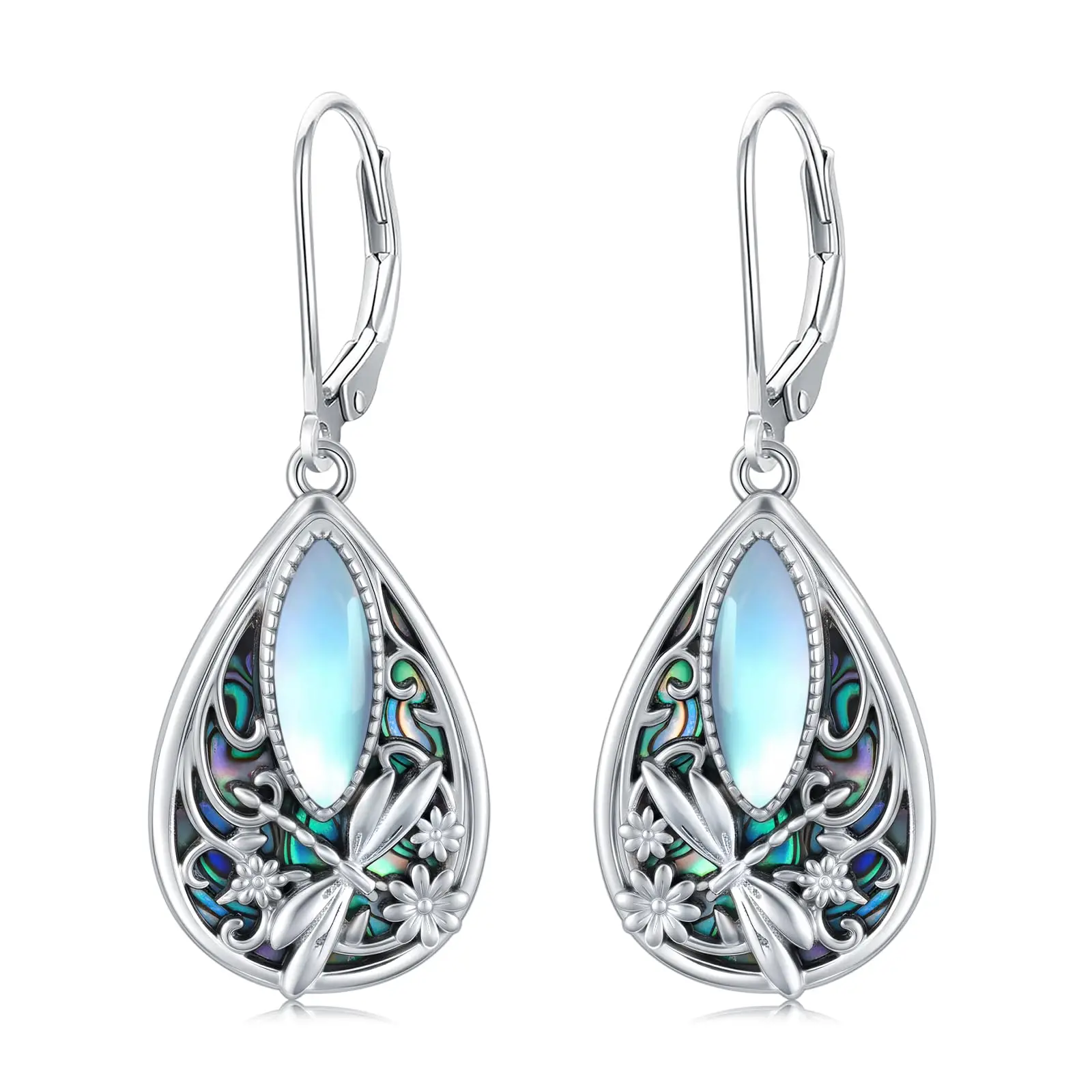

Teardrop Filigree Dragonfly Dangle Earrings With Moonstone And Abalone Shell For Women