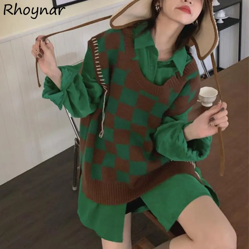 Women Sets Plaid Panelled Vests Long Sleeve Shirts Spring Vintage Harajuku Baggy Girlish High Street Aesthetics Y2k Clothes Chic