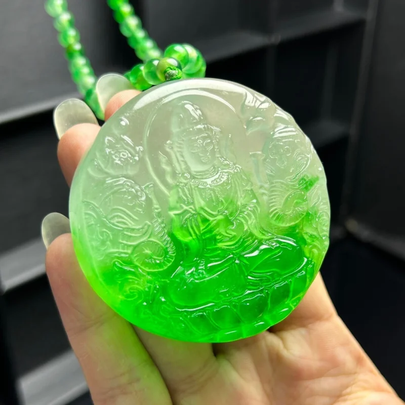 

Certified Natural High Ice Green Jade Jadeite carven Pendant&Necklaces Puxian Bodhisattva