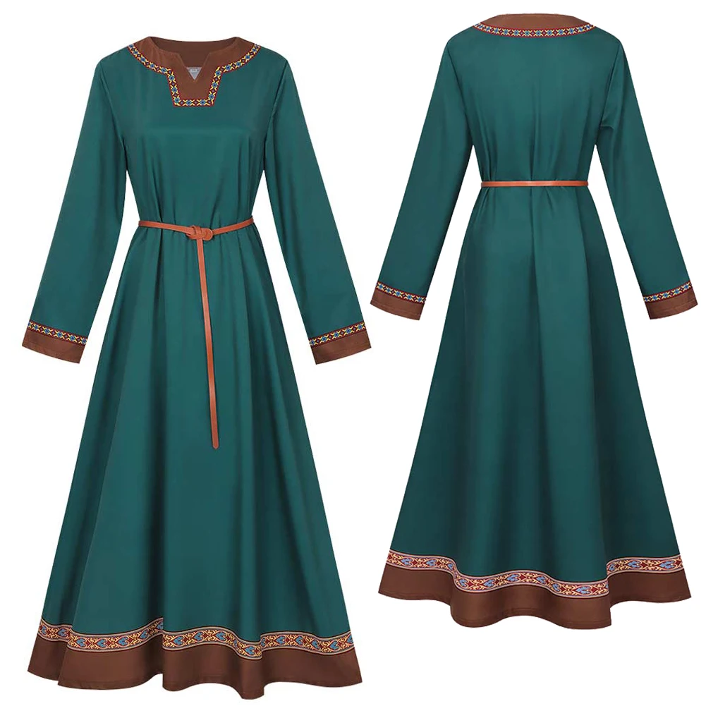 Vestido Medieval Vikingo para Mujer, Vestido de Lino Campestre Renacentista, Disfraz de Cosplay, Vestido Verde Femenino, Ropa para Fiesta de Halloween