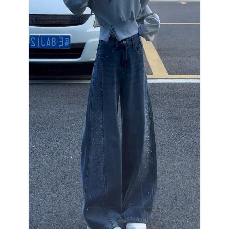 

Retro Blue Rhinestone Straight Knife Jeans Women's Early Spring New Design High Waist Slim Wide Leg Pants