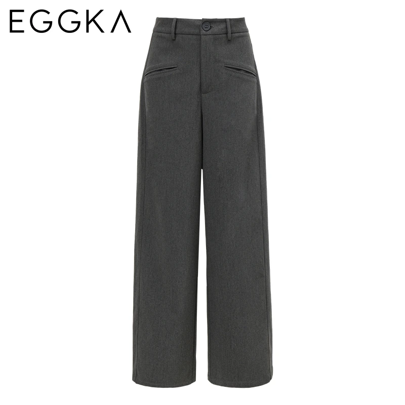 EGGKA Bow Print High Waist Straight Pants Autumn Solid Casual Pant Women\'s Korean Fashion Loose Gray Long Trousers with Pockets