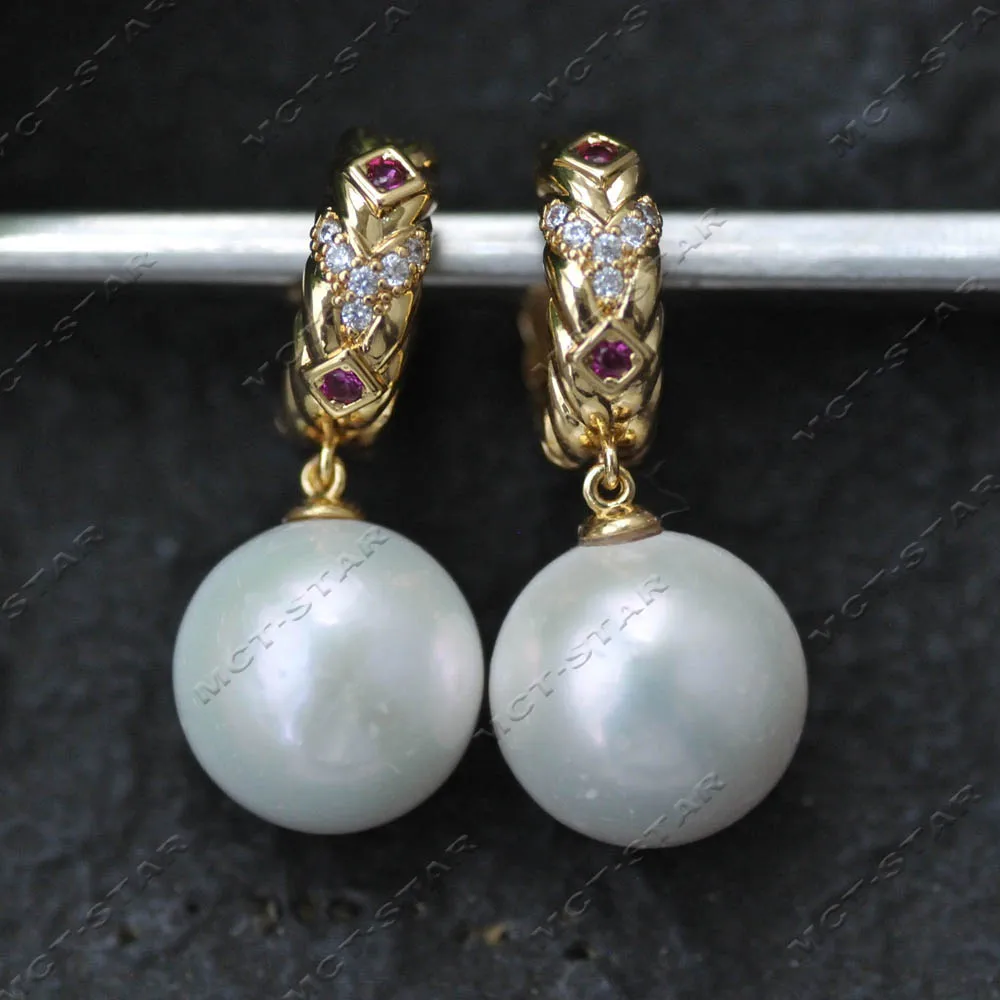 Z14711 Big 16mm Ruby Twist Huggie Hoop White Round Edison Pearl Emerald Dangle Earrings For Women