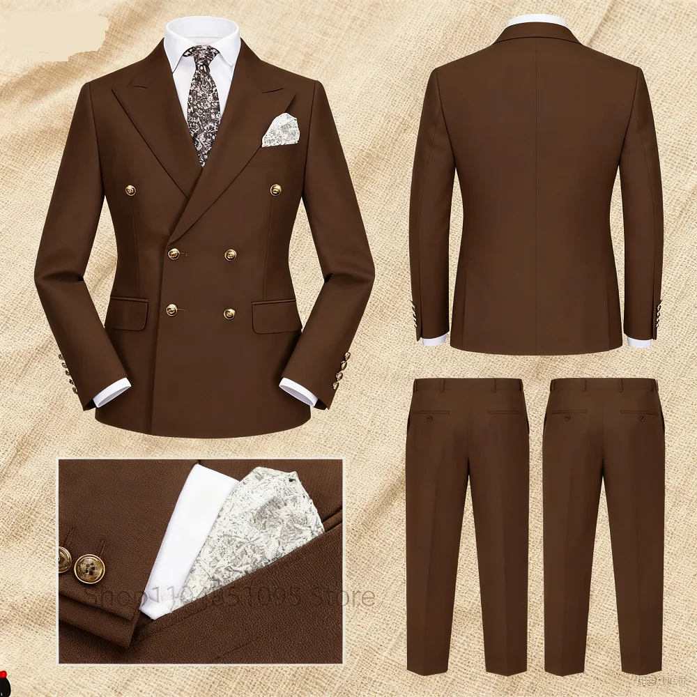 

Мужские элегантные повседневные костюмы цвета хаки, модные деловые свадебные смокинги для жениха, двубортный пиджак и брюки с остроконечными лацканами