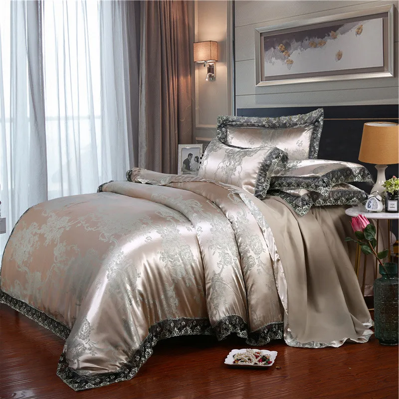 European Classical Luxury 4PCS Bedding Set Jacquard Tencel Modal Comforter Cover with Lace Sheet Pillowcases for King Queen Size