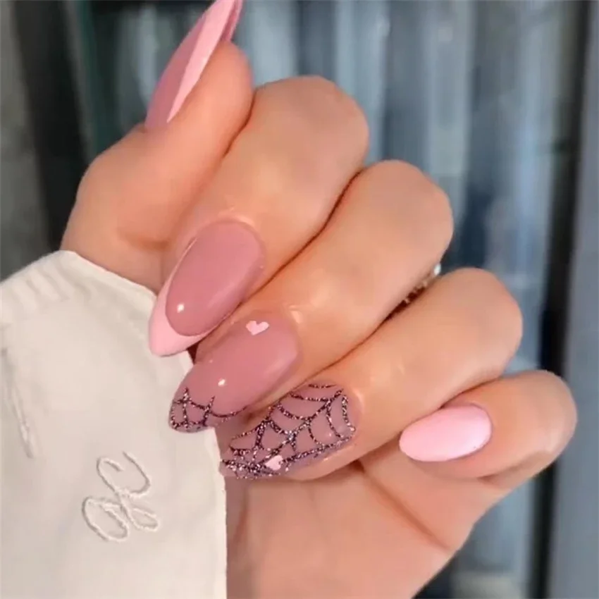 24Pcs/Set Almond Shape Spider Web Art Wearing False Nails French Halloween Designs Press on Nail Adhesive Acrylic Fake Nail Tips