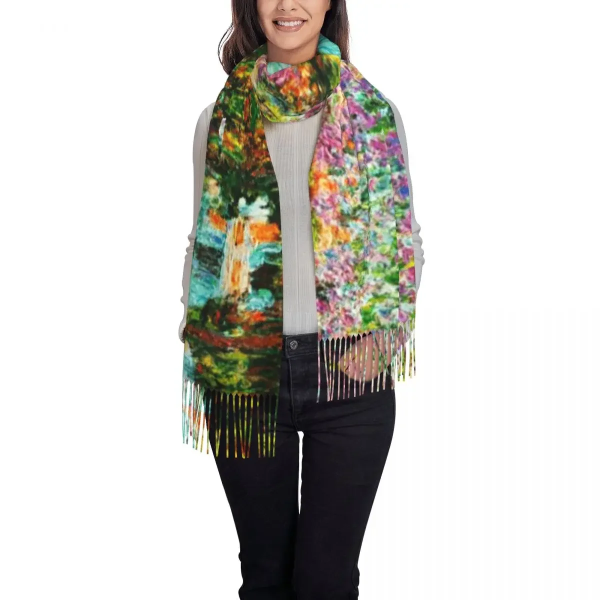 Irises In  Garden Tassel Scarf Women Soft Claude Flowers Painting Shawl Wrap Ladies Winter Scarves