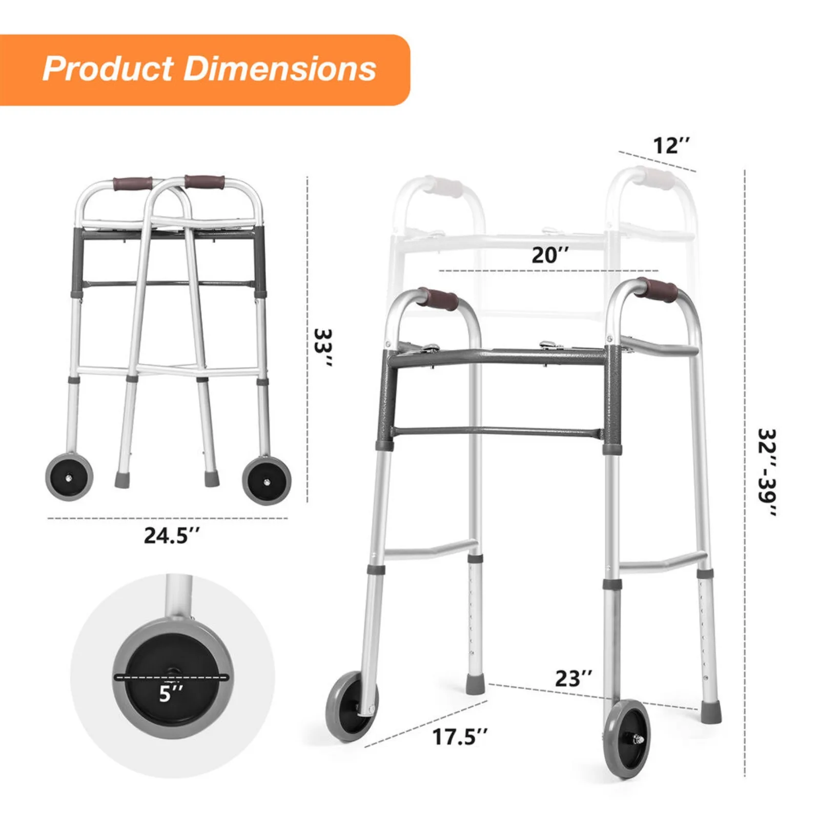 US  Folding Walker Foldable Adjustable Standard Aid Mobility Walking Wheels