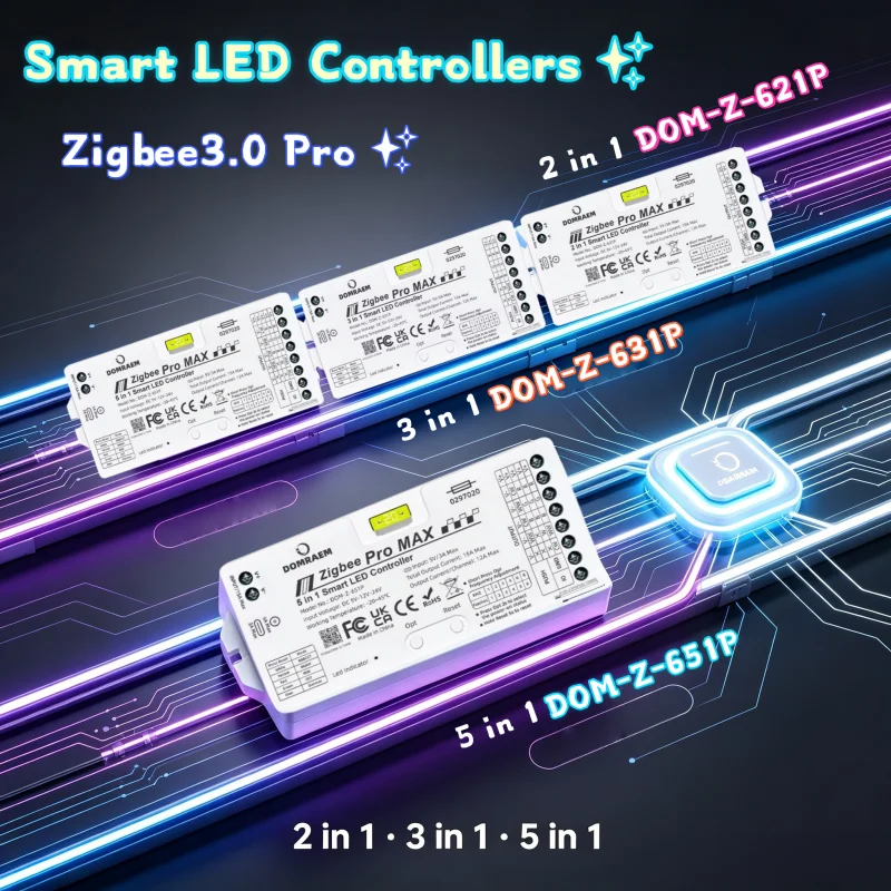 Zigbee DOMRAEM Smart 5‑in‑1 LED Strip Controller Supports CCT RGB RGBW RGBCCT Dimming with External 20A Pluggable Fuse Pro MAX