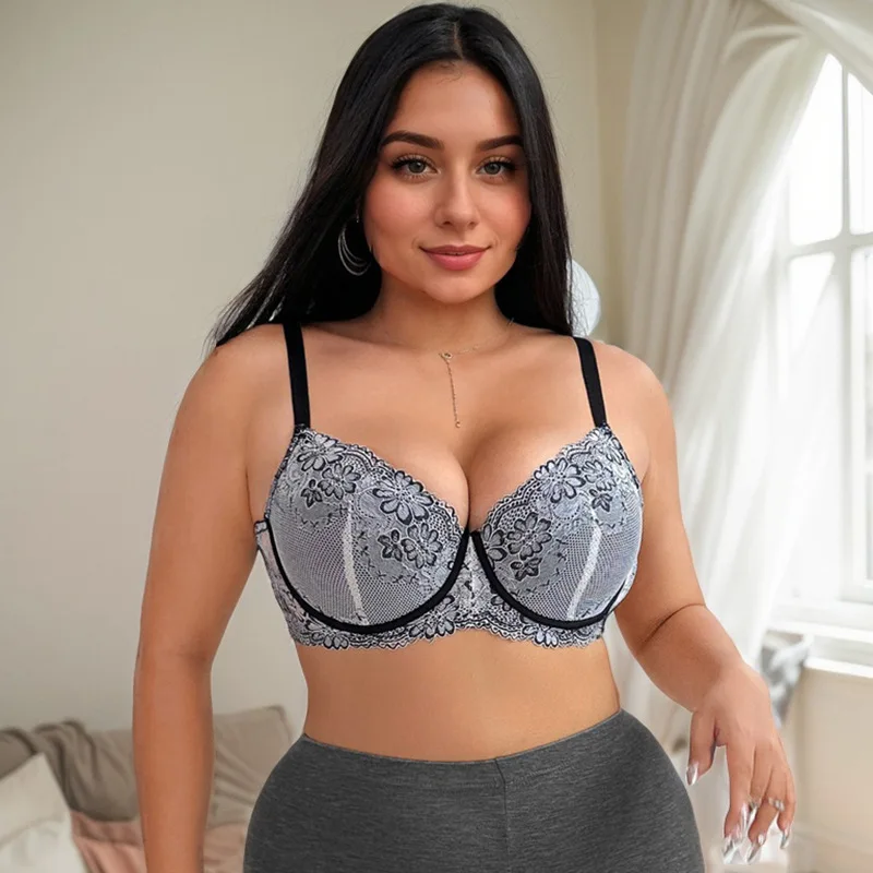 

European and American cross-border sexy lace bra plus fat plus size underwear women's adjustable bra steel ring gathered bra